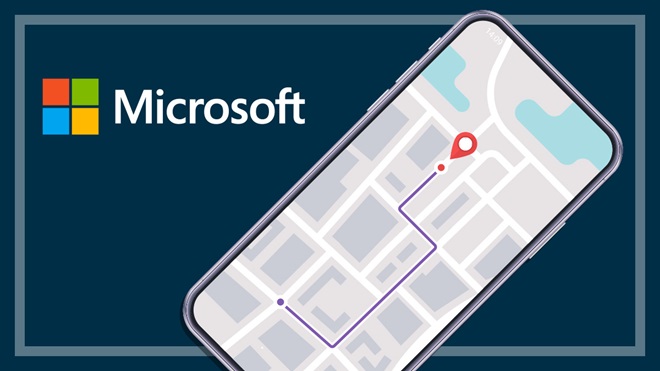 Microsoft logo and smartphone with tracking map